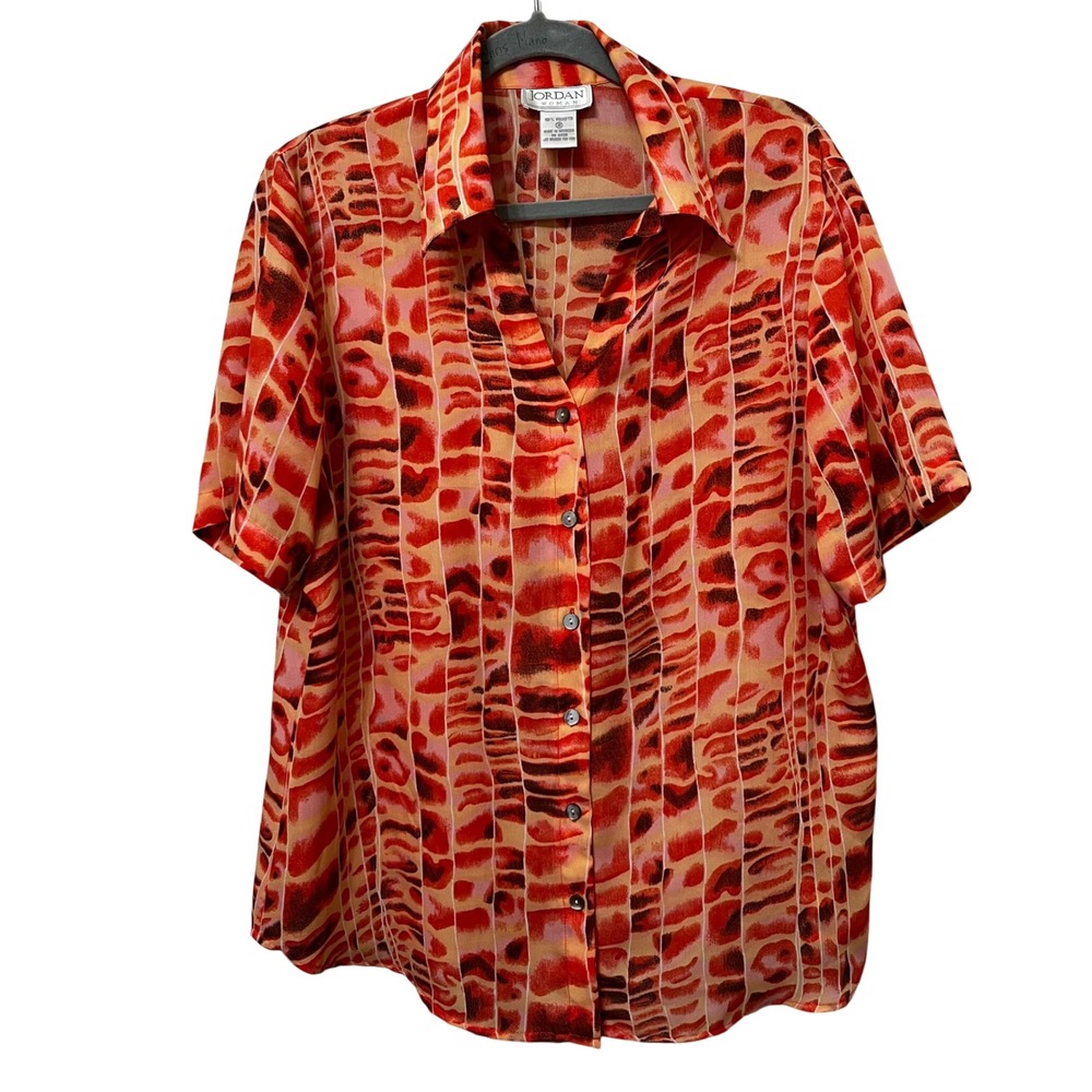 Jordan Woman Orange Abstract Geometric Short Sleeve Button Down Blouse Size 16